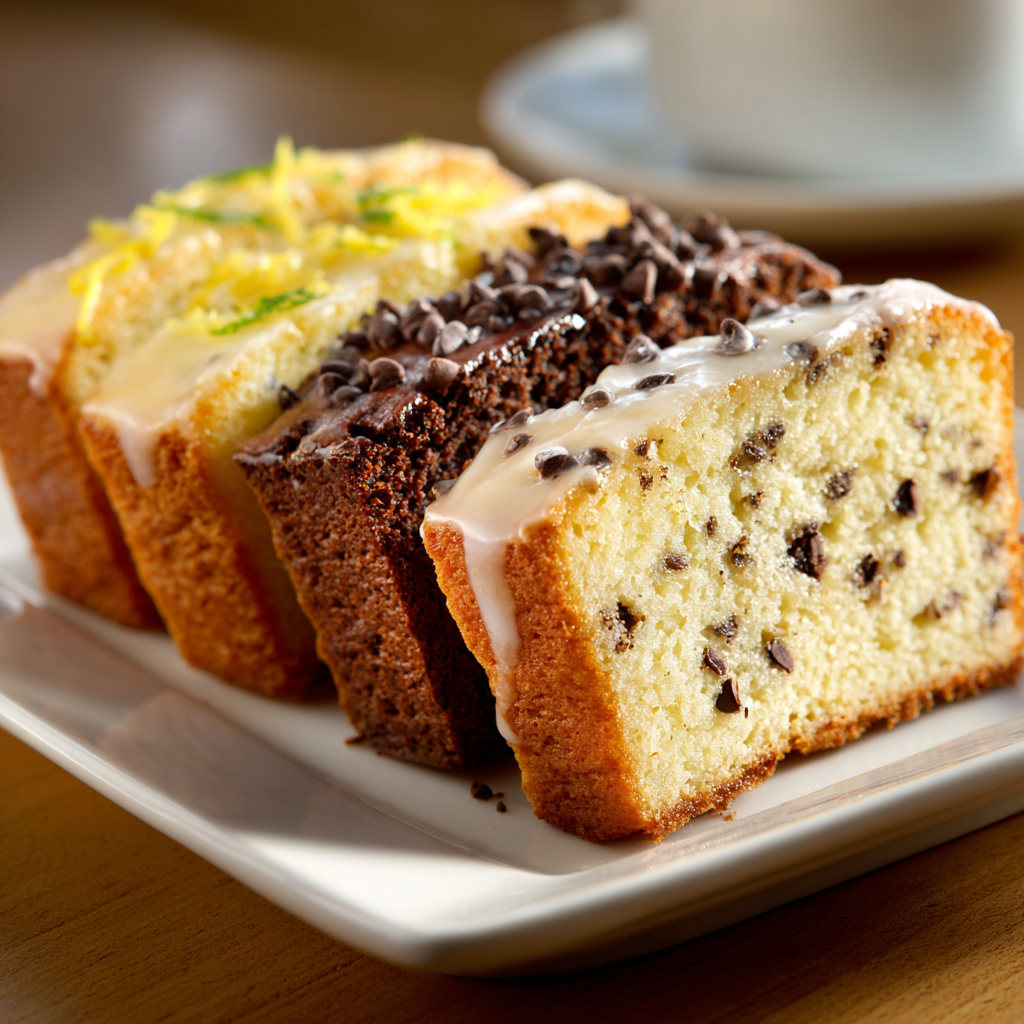 lemon chocolate and vanilla variations of one-bowl pound cake