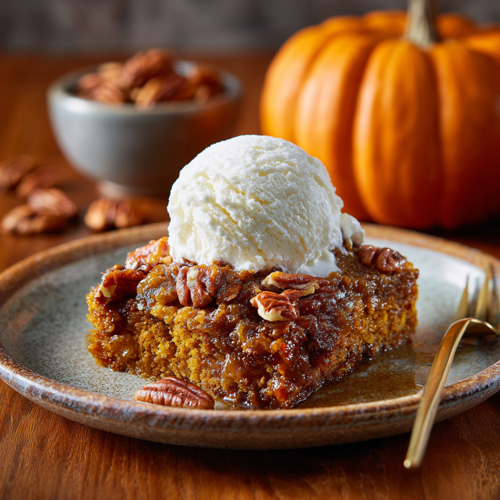 One-bowl pumpkin dump cake with whipped cream topping