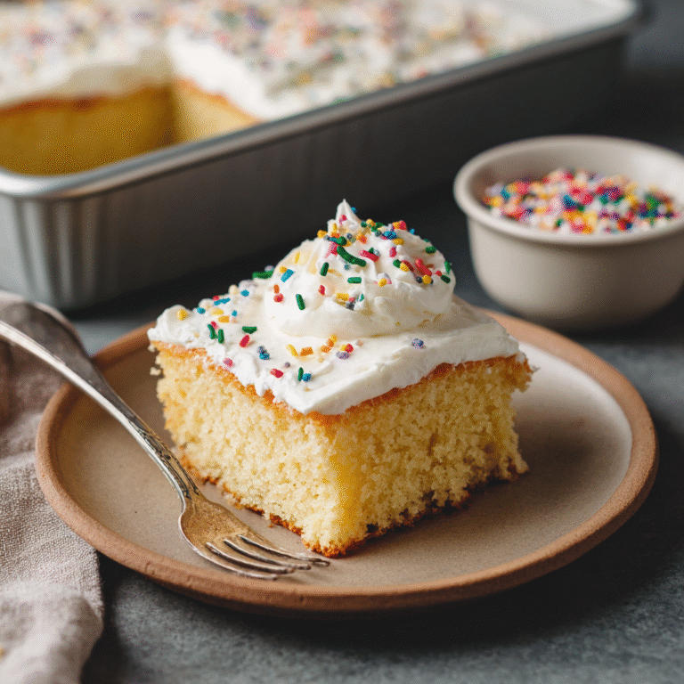 One-Bowl Vanilla Sheet Cake fresh out of the oven.