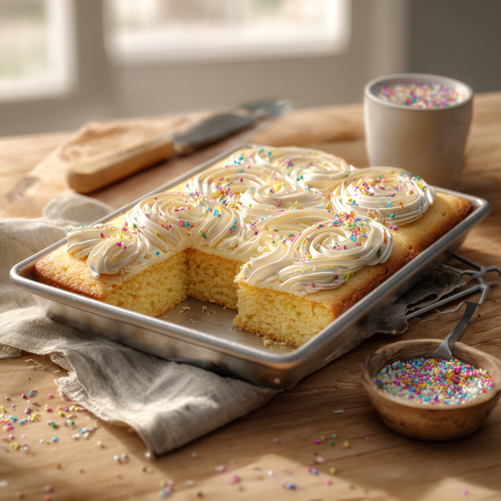 One-Bowl Vanilla Sheet Cake in a 9×13 pan with buttercream rosettes and rainbow sprinkles; one slice removed