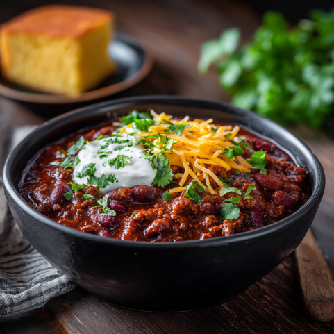 One-pot chili topped with sour cream, cheese, and cilantro, served with cornbread
