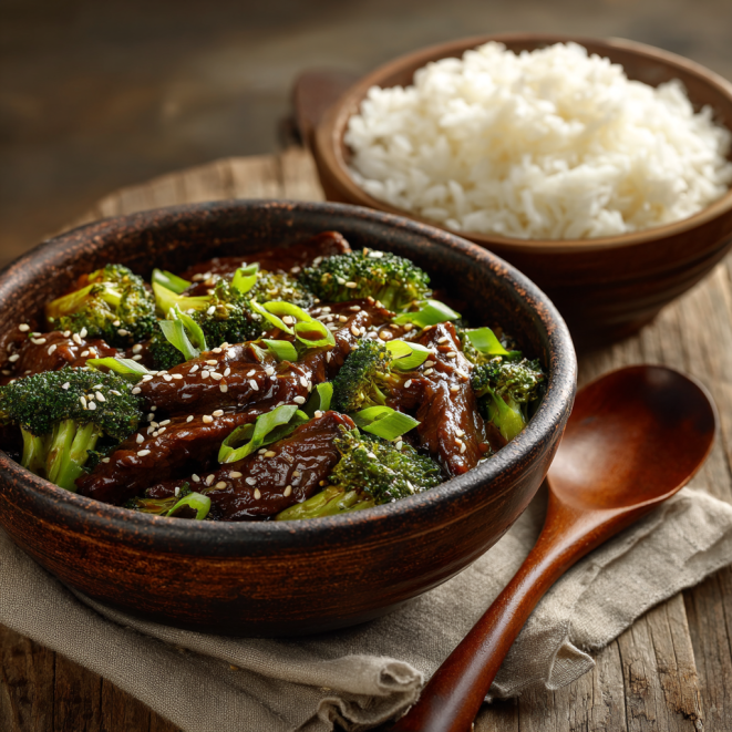 One-pot Chinese beef and broccoli with sesame seeds and steamed rice