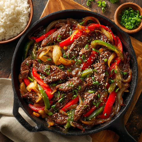 One-pot pepper steak with bell peppers, onions, and sesame seeds