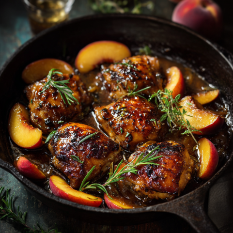 One-skillet peach chicken with fresh rosemary and caramelized peaches