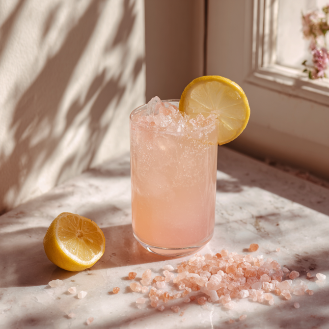 Pink salt lemonade drink with lemon garnish – social media recipes