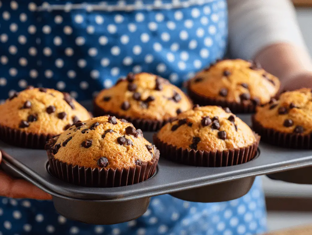 Freshly baked One-Bowl Chocolate Chip Muffins in a muffin tin