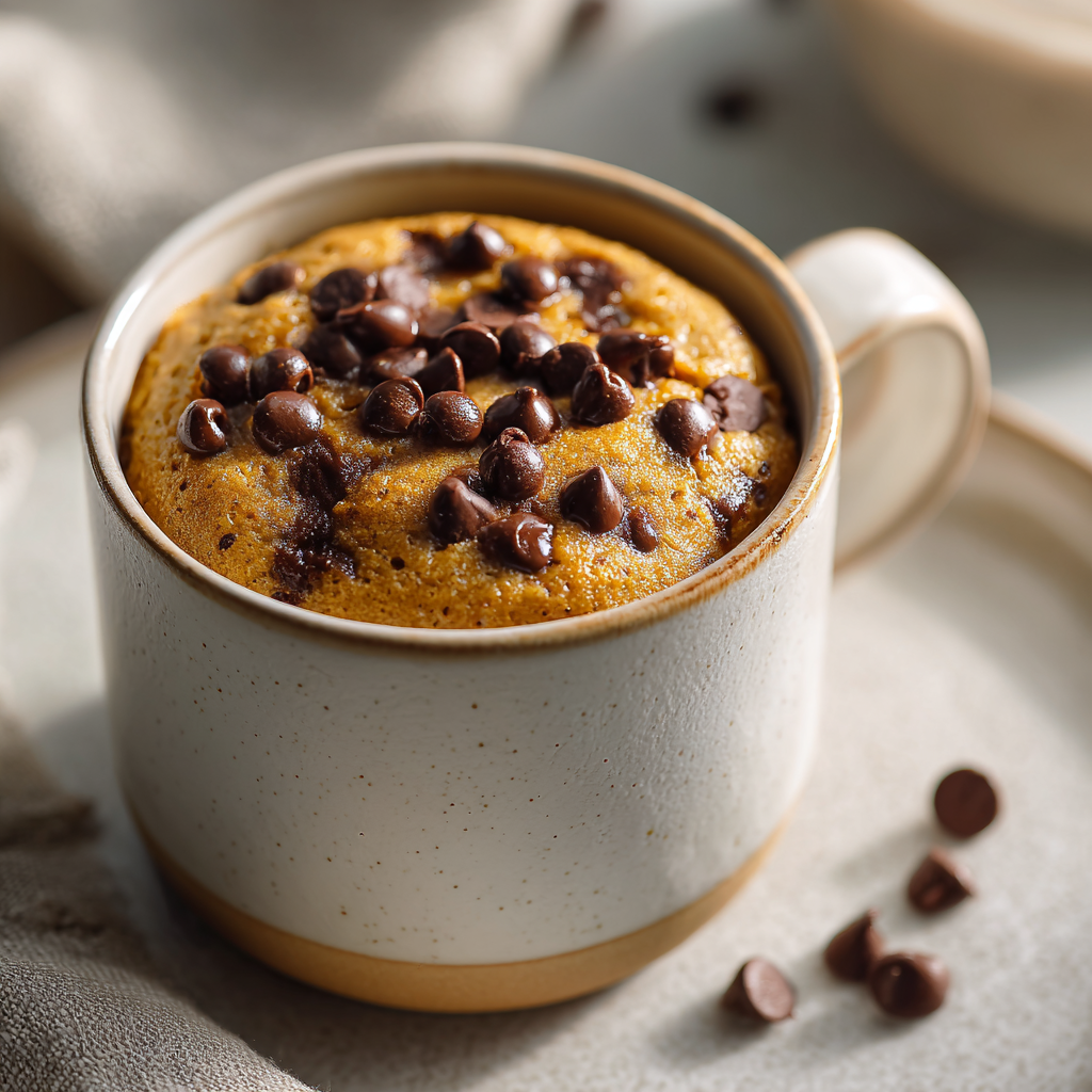 Pumpkin chocolate chip mug cake in ceramic mug