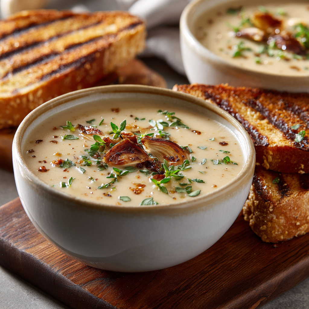 Roasted garlic soup in a rustic bowl with bread.