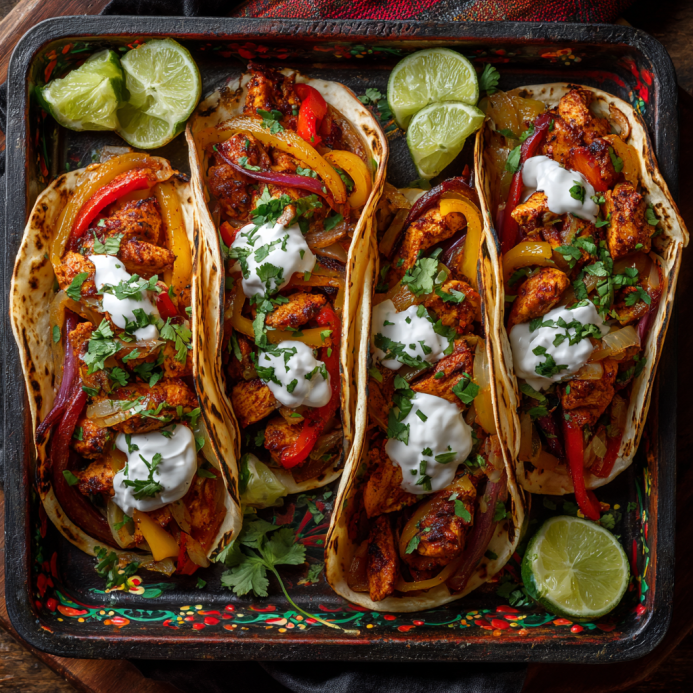 Served chicken fajitas in tortillas with toppings on a plate
