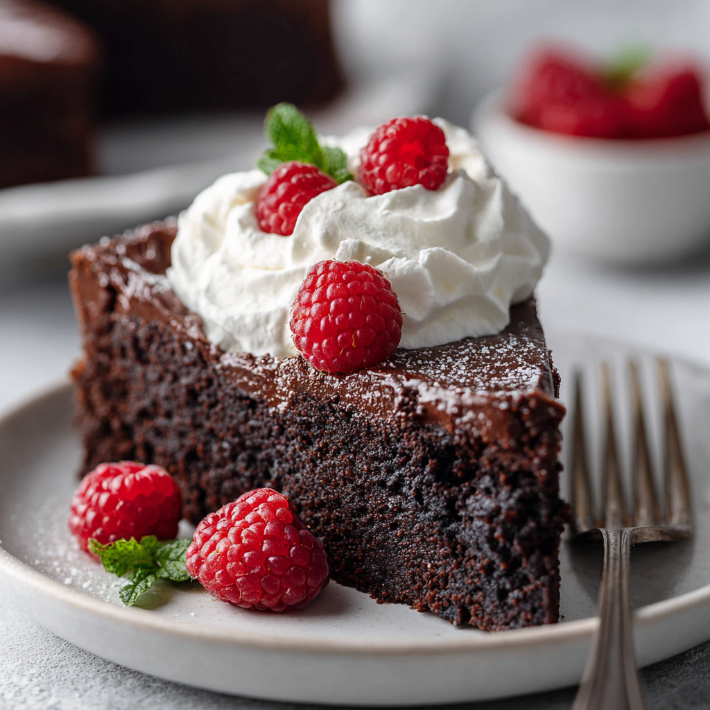 slice of one-bowl chocolate fudge cake served with cream and berries