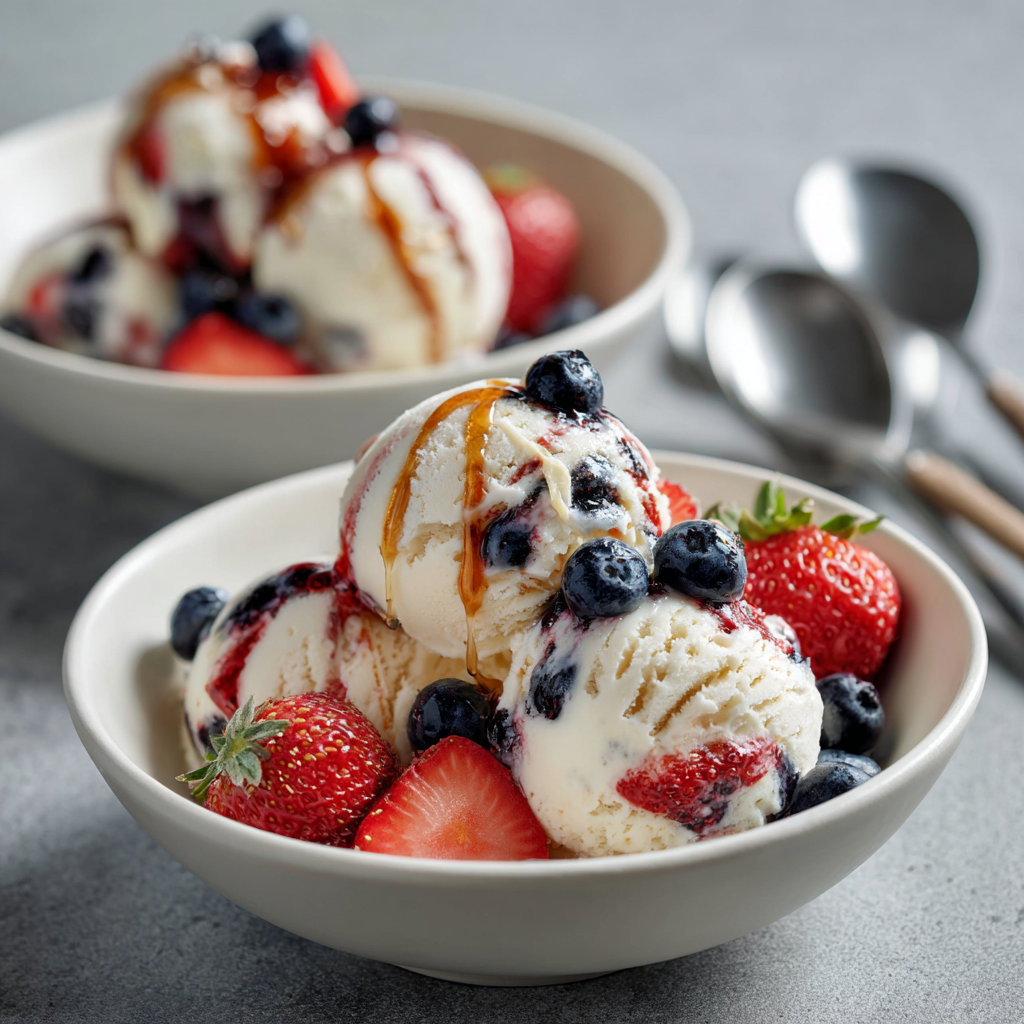 Cottage Cheese Ice Cream served with fresh fruit and honey