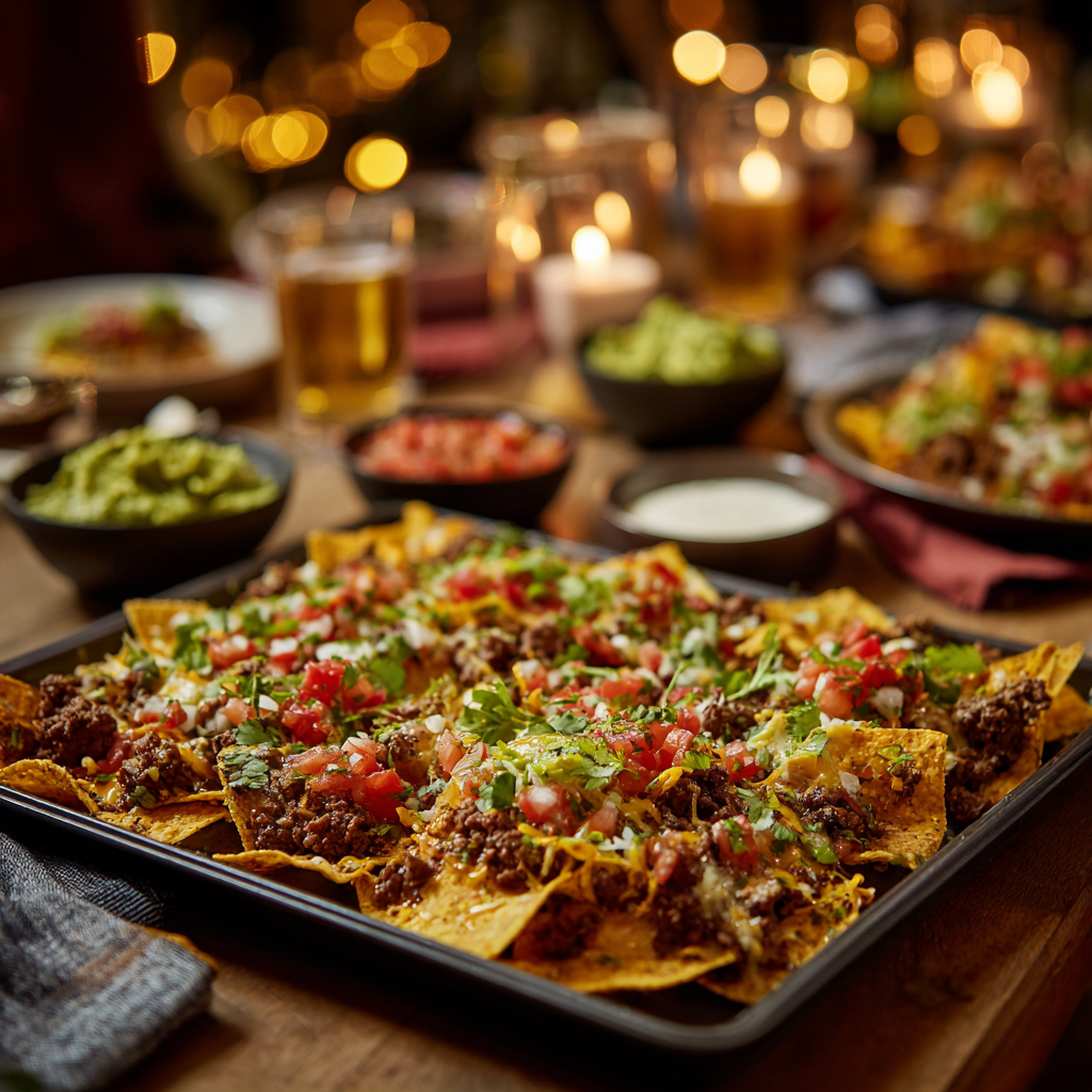 Sheet Pan Beef Nachos with dips at the dinner table.