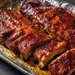 Sheet Pan BBQ Ribs baked in the oven with sticky barbecue sauce