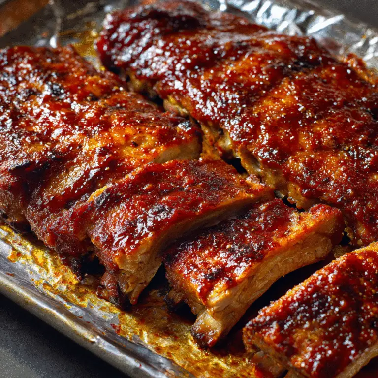 Sheet Pan BBQ Ribs baked in the oven with sticky barbecue sauce