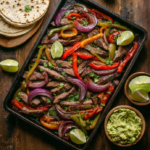 Sheet Pan Beef Fajitas with peppers, onions, and tortillas