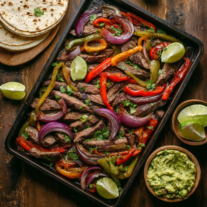 Sheet Pan Beef Fajitas with peppers, onions, and tortillas