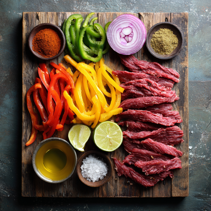 Ingredients for Sheet Pan Beef Fajitas with steak, peppers, and spices