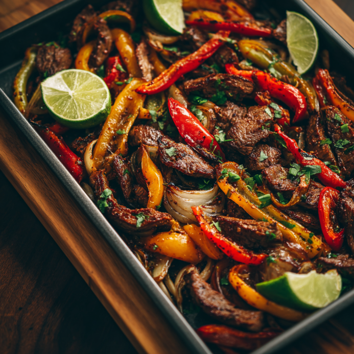 Oven-roasted Sheet Pan Beef Fajitas with steak, peppers, and onions