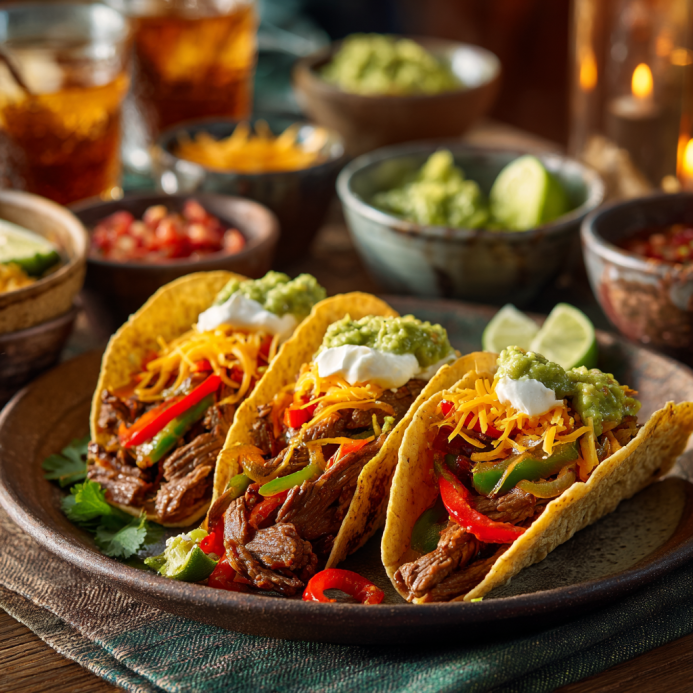 Plated beef fajitas with tortillas, guacamole, and toppings