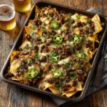 Sheet Pan Beef Nachos fresh from the oven with cheese, beef, and toppings.