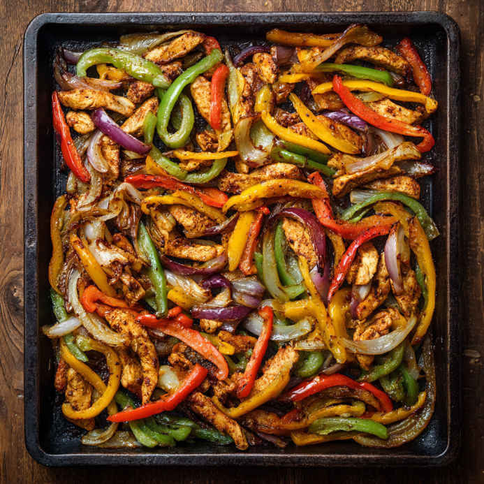 Sheet pan chicken fajitas with peppers and onions on a tray