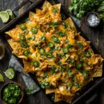 Sheet Pan Chicken Nachos baked with chicken, cheese, and toppings.