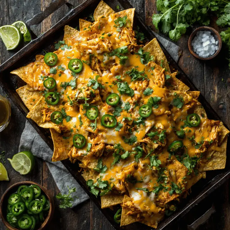 Sheet Pan Chicken Nachos baked with chicken, cheese, and toppings.