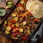 Sheet Pan Veggie Fajitas with roasted vegetables on a tray