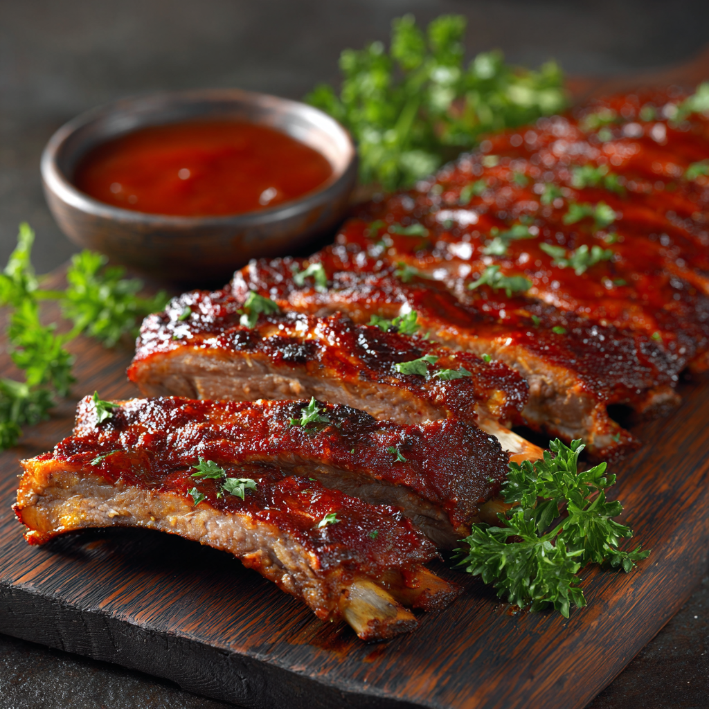 Sliced BBQ ribs served with barbecue sauce