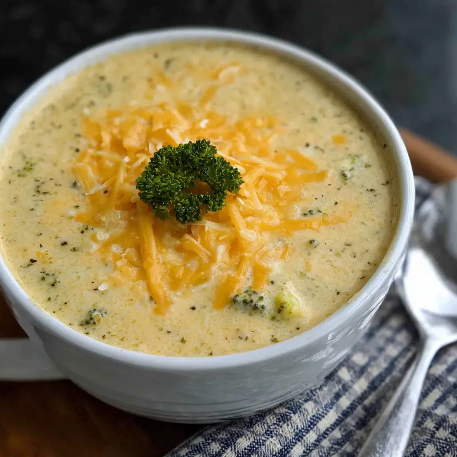 Creamy broccoli cheese soup in a rustic bowl.