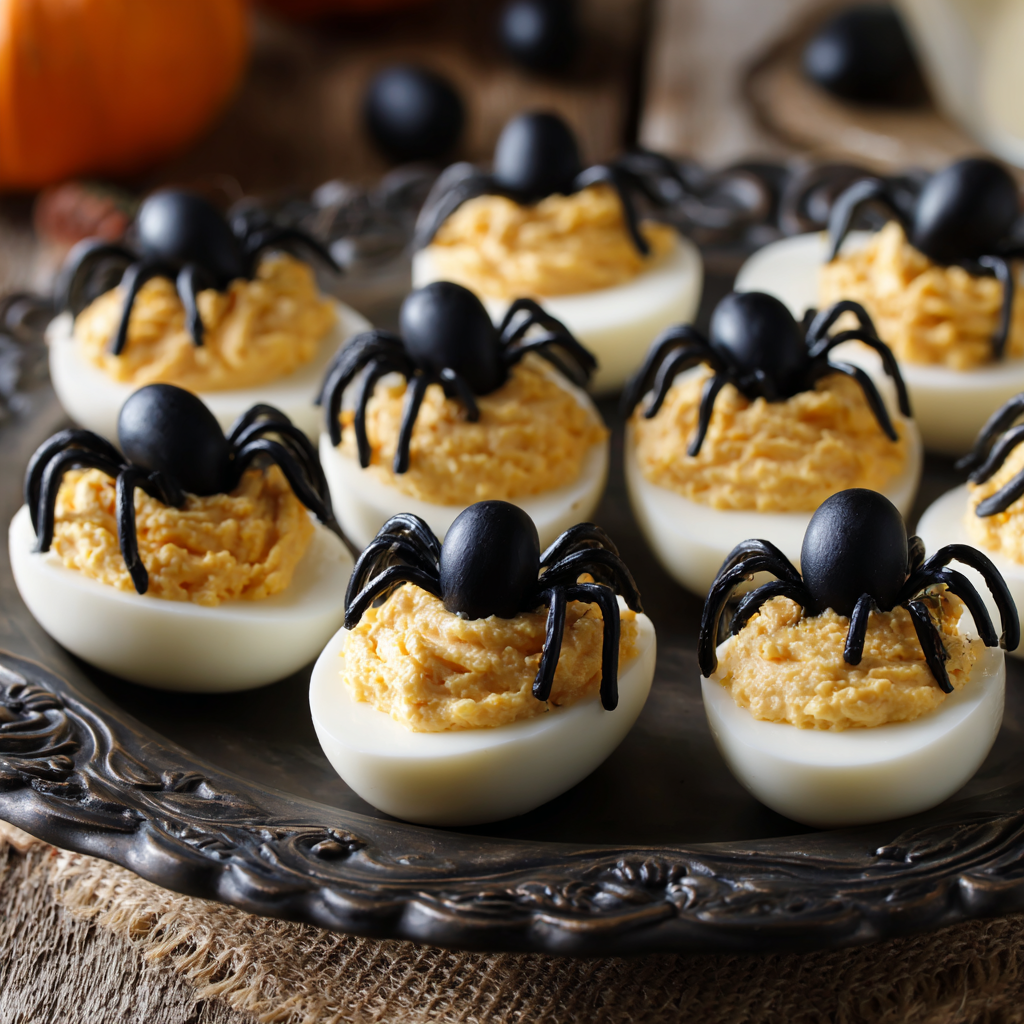 Scary Appetizers – Spooky Deviled Eggs decorated with olive spiders.