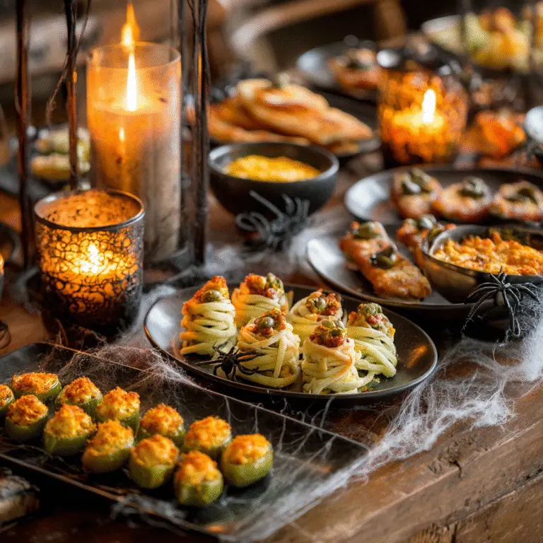 Spooky Halloween Appetizers and Halloween Recipes on a festive party table.