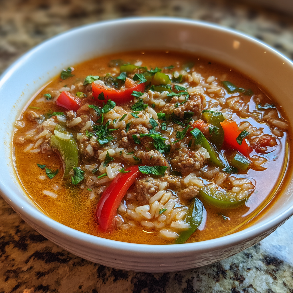 Bowl of stuffed pepper soup with rice and bell peppers.