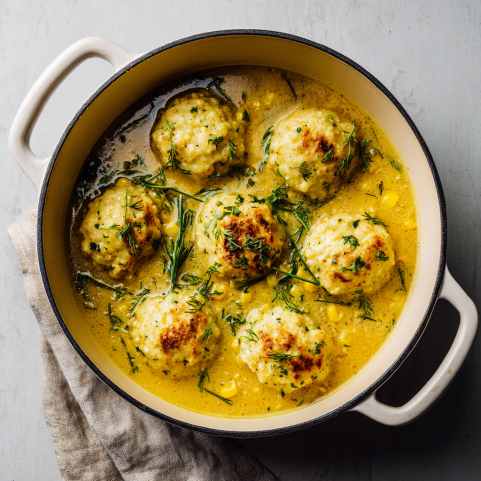 Corn Coconut Dumplings in Golden Broth