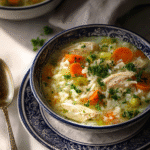 Turkey and rice soup recipe served hot in a bowl.