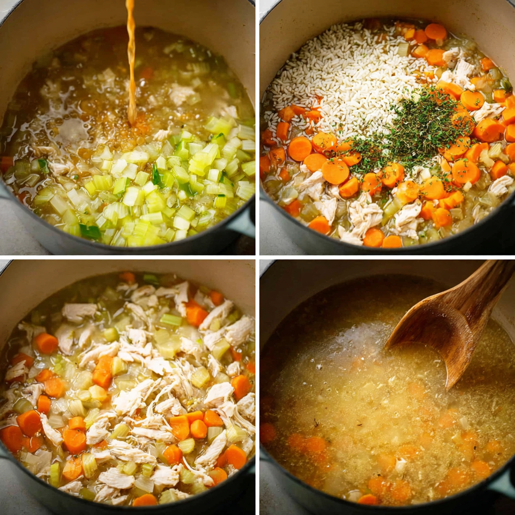 Turkey and rice soup simmering in a pot.