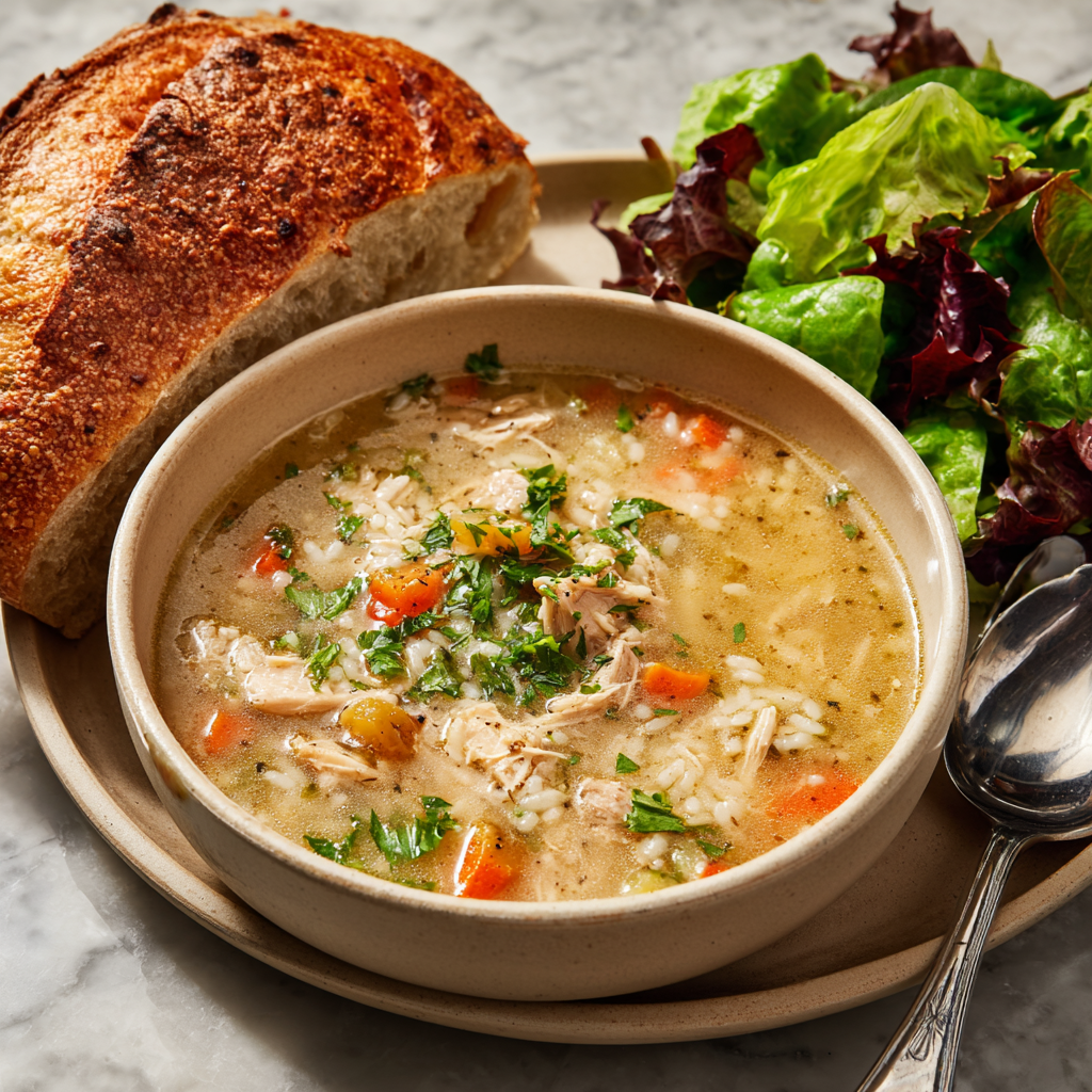 Serving ideas for turkey and rice soup with bread and salad
