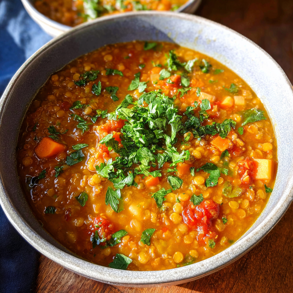 Mediterranean lentil soup with lemon and parsley.