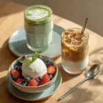 Viral food trend recipes – cottage cheese ice cream, blueberry matcha latte, iced tahini coffee on table
