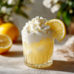 Close-up of homemade whipped lemonade recipe TikTok style with whipped cream topping and lemon wedge
