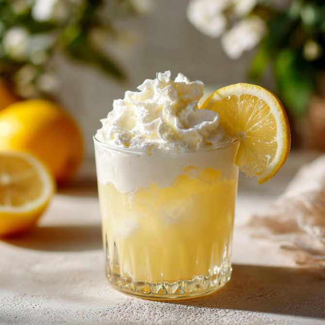 Close-up of homemade whipped lemonade recipe TikTok style with whipped cream topping and lemon wedge