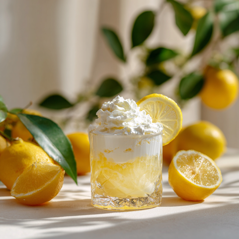 Whipped lemonade drink with lemon slice and cream – food trends recipes