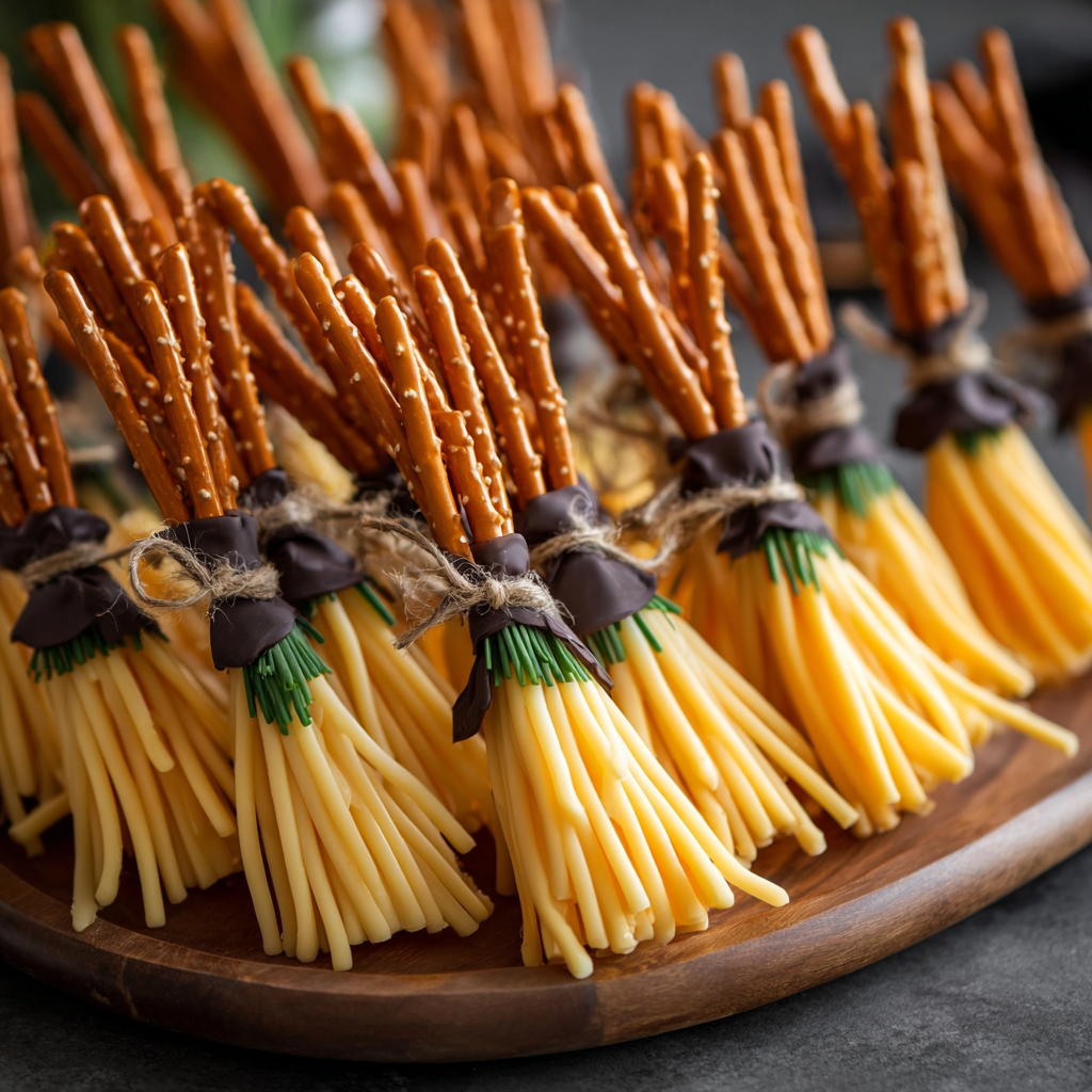Creepy Halloween Snacks – Witch’s Broomsticks made with cheese and pretzels.
