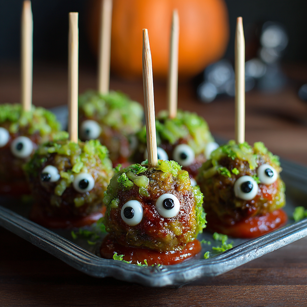 Creepy Halloween Snacks – Zombie Meatball Skewers with eyeball mozzarella.